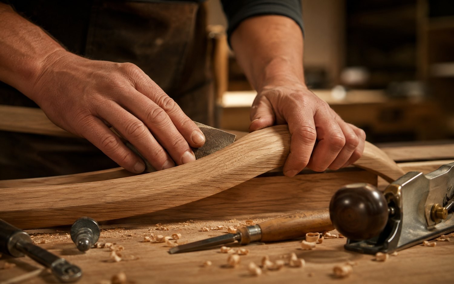 Taller propio de carpintería de IE Contract: artesano trabajando una pieza de roble a medida